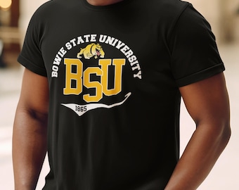 May include: Black t-shirt with a white and gold Bowie State University logo. The logo features a bulldog mascot, the letters "BSU" and the year "1865".