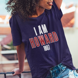 I AM HOWARD (V-Neck)-  Howard Alumni Tee, Vintage Howard Shirt, Howard Merch, Howard HBCU Hoodies & Sweatshirts, Bison Tees, College Apparel