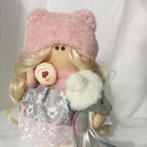 Tilda doll,Pink, soft,textile,Handmade doll,Fabric doll,Rose,interior doll,doll,Fabric doll,Rag,children&#39;s,gift, knitted hat, interior doll,