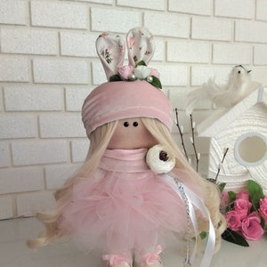 bath doll, pink bunny, doll interior, home decor, easter decor, easter bunny, home decor, kids room decor