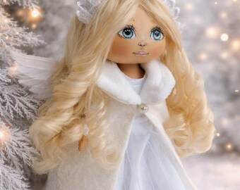 Muñeca de ángel hecha a mano, muñeca de tela con alas, regalo de ángel de Navidad, muñeca de tela suave, juguete de ángel rubio, regalo único de muñeca hecha a mano para niña