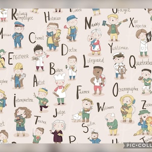 May include: A colourful illustration of the alphabet, with each letter paired with a different occupation. The cartoon-style characters represent professions such as a doctor, baker, and teacher. The background is a pale beige colour.