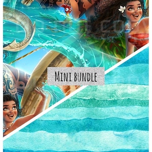 May include: Digital art featuring characters from a popular animated movie, with a muscular man covered in tattoos and a smiling woman. The image has a watercolor background with the text "MINI BUNDLE". The color palette includes blues, greens, and reds.
