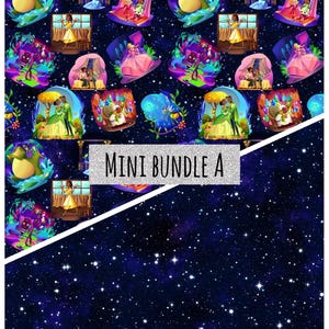 Puede incluir: Un diseño estampado con personajes y escenas de dibujos animados, incluyendo una rana, una princesa y otras figuras. El diseño está sobre un fondo de cielo estrellado, con el texto "MINI BUNDLE A" en plata brillante.