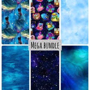 Puede incluir: Un collage de seis diseños de tela diferentes. Los diseños incluyen una princesa con un vestido azul, un cielo estrellado, un cielo de acuarela y un estampado floral. El texto "MEGA BUNDLE" se muestra en una pancarta plateada con purpurina.