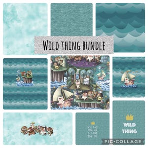 May include: A collage of various teal and blue patterned designs, including watercolor washes, wavy patterns, and illustrations from "Where the Wild Things Are." The text "WILD THING BUNDLE" is displayed in a silver glitter font.