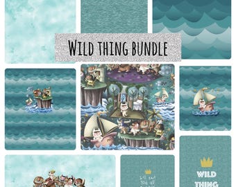 Könnte beinhalten: Eine Collage aus verschiedenen Designs in Türkis und Blau, darunter Aquarellwaschungen, Wellenmuster und Illustrationen aus "Wo die wilden Kerle wohnen". Der Text "WILD THING BUNDLE" wird in silberner Glitzer-Schrift angezeigt.