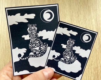 Tiger and Moon Paper Stickers – Handmade Scrapbook Stickers