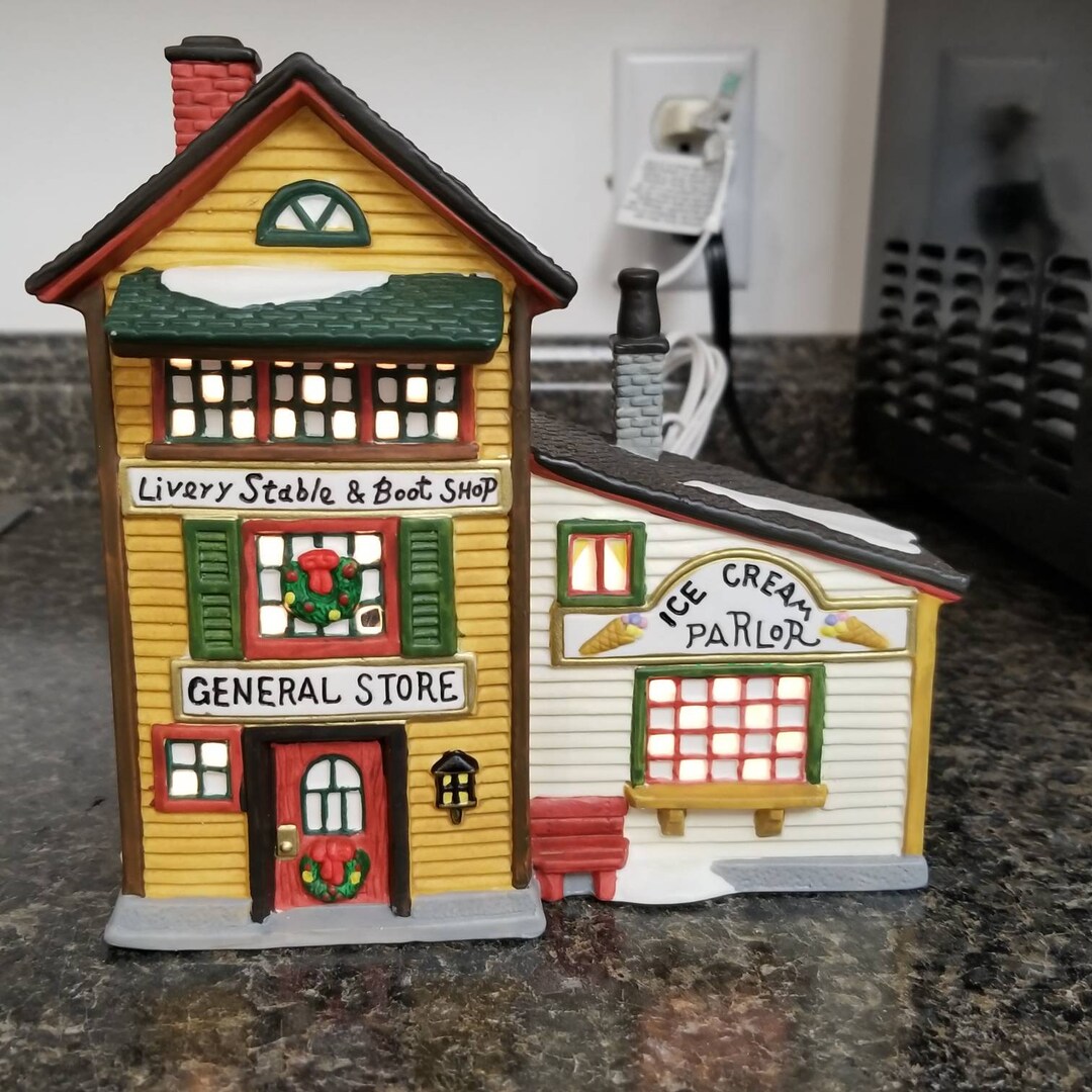Vintage Copperfield Keepsake Porcelain Lighted House General Store & Ice Cream Parlor and Livery