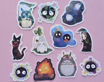 Studio Ghibli Fan Art Glitter Stickers | Totoro, Soot Spirits, No Face | Cute Anime Vinyl Sticker Pack | Water Resistant Kawaii Stickers