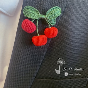 Cherry Brooch , Crochet Brooch, Crochet Cherry , Red cherry pin , Fruit pin , Handmade jewelry, Gift ,Red Cherry