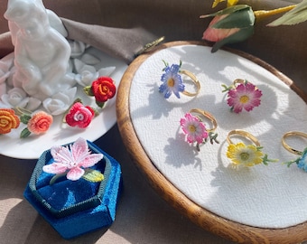 Crochet flower Ring,Rose rings,Cosmos rings,floral rings, handmade jewellery,Peach blossom ring,gift,summer,cute,flower ring,crafts,micro