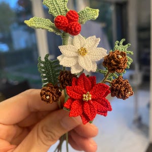 May include: A crocheted Christmas bouquet with red poinsettia, white poinsettia, holly with red berries, and brown pine cones.