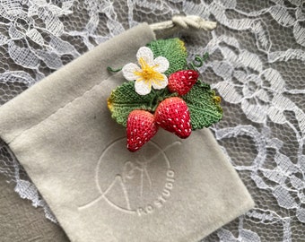 Micro crochet strawberry brooch