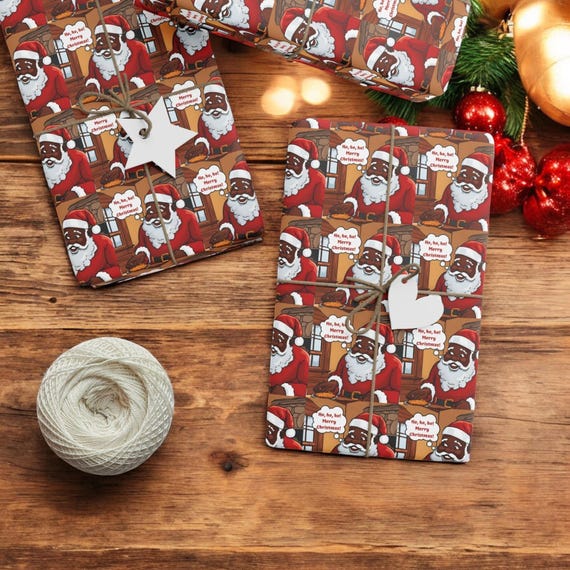 Black Santa Wrapping Paper - Celebrate Unity & Joy This Holiday Season!  Black Santa is Coming and he AIN'T Play'n