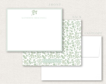 Custom Green Botanical Pattern Stationery, Custom Stationery Set, Personalized Notecard Set, Green Botanical Notecards, Bridesmaid Gift