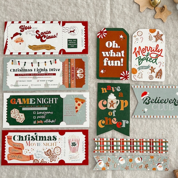 Vintage Christmas Tickets & Tags | Advent Family Activities | NOT A TEMPLATE | Family Movie Night Advent, Game Night, Go To See Santa, Kids