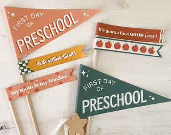 First Day of Preschool Pennants Printables, Lunch Notes, and Back To School Printables | Pennant Flags, Preschool Printables