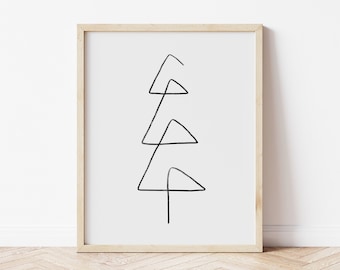 May include: A black and white minimalist line art print of a stylized Christmas tree in a light wood frame.