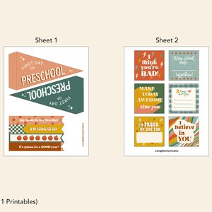 Op de afbeelding: Twee vellen met bedrukbare ontwerpen van A4-formaat. Vel 1 bevat wimpelbanners met de tekst "First Day of Preschool" en andere schoolgerelateerde afbeeldingen. Vel 2 bevat diverse vierkante kaarten met zinnen als "I think you're RAD!" en "I Believe in YOU."