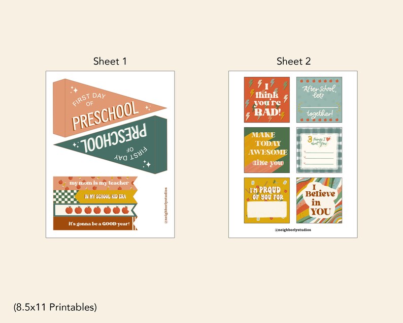 Op de afbeelding: Twee vellen met bedrukbare ontwerpen van A4-formaat. Vel 1 bevat wimpelbanners met de tekst "First Day of Preschool" en andere schoolgerelateerde afbeeldingen. Vel 2 bevat diverse vierkante kaarten met zinnen als "I think you're RAD!" en "I Believe in YOU."
