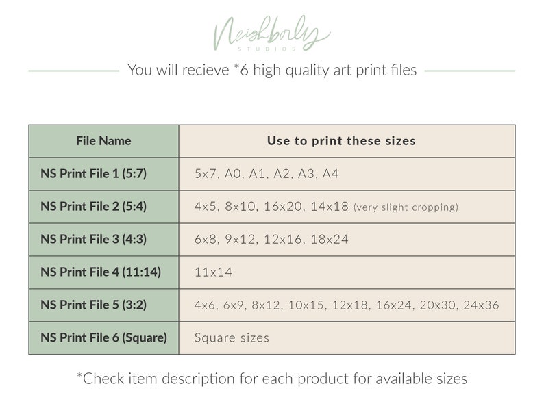 May include: A table showing six different print file sizes and their corresponding dimensions. The table is labeled "File Name" and "Use to print these sizes". The file names are "NS Print File 1 (5:7)", "NS Print File 2 (5:4)", "NS Print File 3 (4:3)", "NS Print File 4 (11:14)", "NS Print File 5 (3:2)", and "NS Print File 6 (Square)". The dimensions are listed in inches.