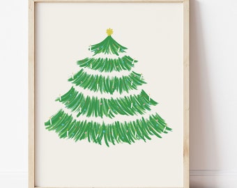 Puede incluir: Una ilustración simple y dibujada a mano de un árbol de Navidad verde con una estrella amarilla en la parte superior. El árbol está decorado con velas blancas y adornos coloridos.