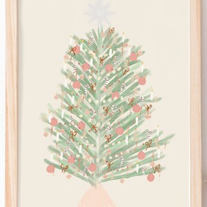 May include: A watercolor painting of a Christmas tree decorated with pink ornaments, candy canes, and white candles. The tree is green and has a white star on top. The tree is standing on a pink base.
