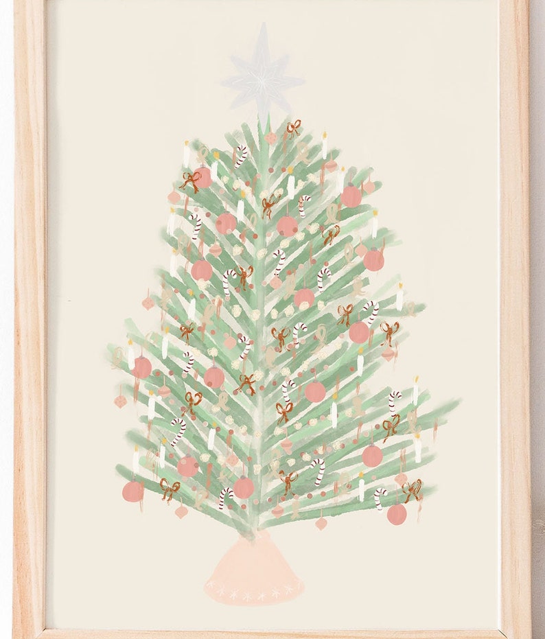 May include: A watercolor painting of a Christmas tree decorated with pink ornaments, candy canes, and white candles. The tree is green and has a white star on top. The tree is standing on a pink base.