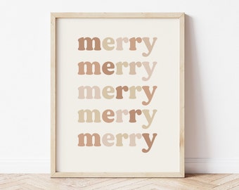 May include: A framed print with the word "merry" repeated five times in different shades of brown and beige.