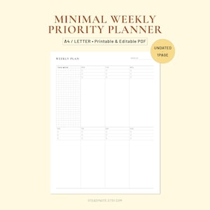 Minimalist Weekly Planner | Vertical Layout, Top Priorities (Fillable PDF A4/Letter Size)