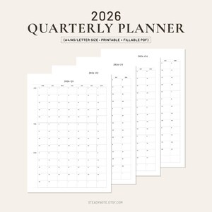 Puede incluir: Un conjunto de páginas blancas del Planificador Trimestral 2026. La página superior muestra el texto "2026 QUARTERLY PLANNER" y "(A4/A5/LETTER SIZE PRINTABLE + FILLABLE PDF)". Las páginas están etiquetadas con los trimestres y meses.