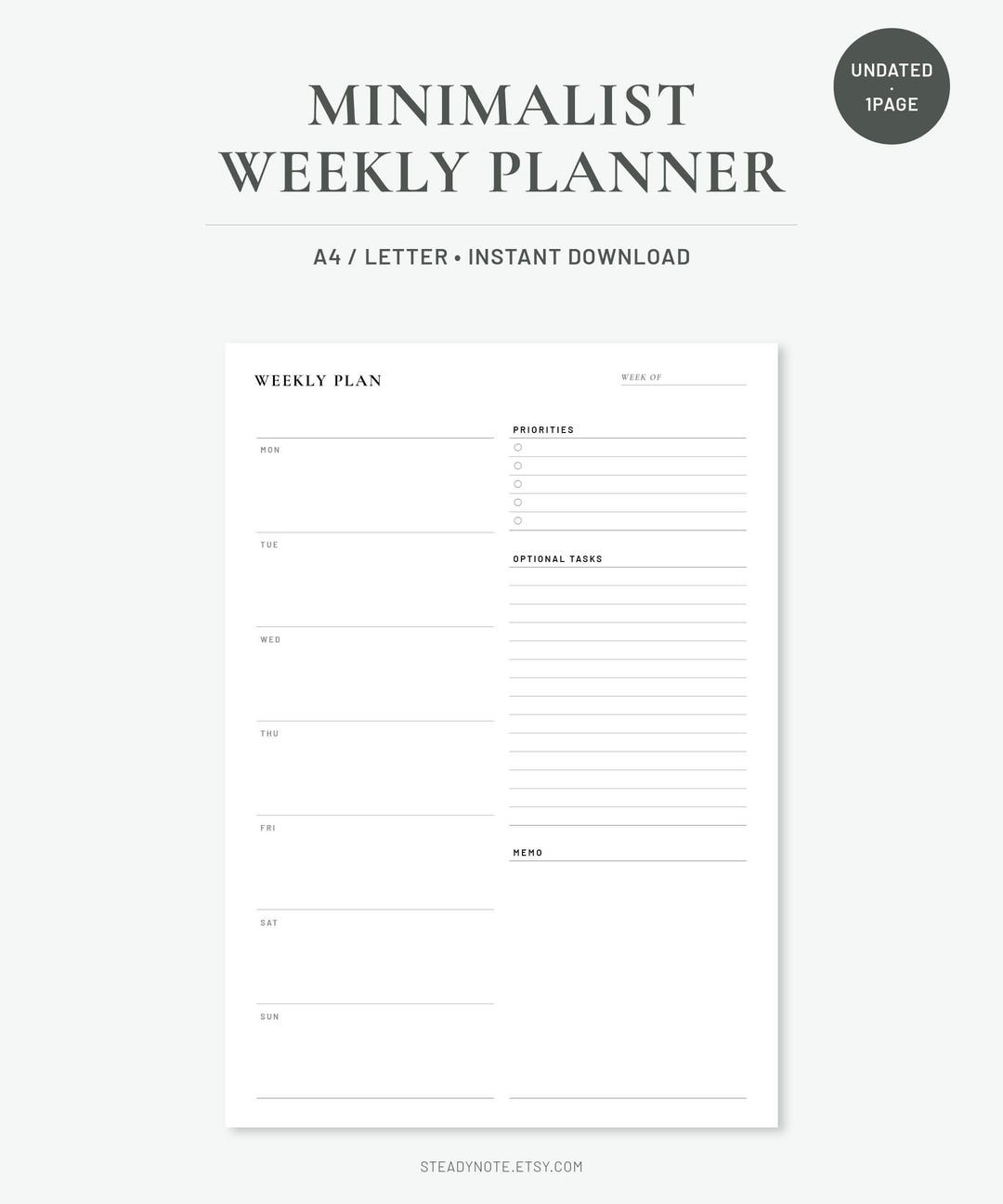 Minimalist Weekly Planner Printable, Undated Schedule (a4/letter PDF ...