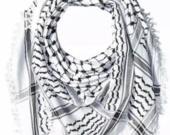 Keffiyeh (Palestinian Seller) Scarf White & Black Thick fringes and long Tassels Original Traditional Palestine Kuffyeh