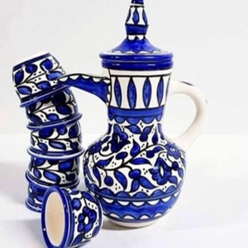 Lot de 6 tasses avec théière pour café ou thé || Poterie en céramique || Fait main en Palestine || لسطيني