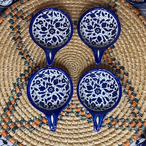 Palestine Pottery Set of 4 Handmade ceramic skillet plates blue floral design Palestinian Product