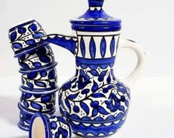 PALESTINIAN Pottery Coffee Cups set of 6 With Pot Ceramic Handmade in Palestine - Palestinian Potery - خزف فلسطيني