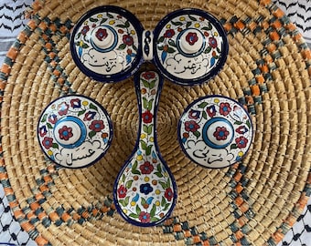 Palestinian Pottery Breakfast set of Zeit & Zatar, Asal, Mraba, and with Spoon Rest Handmade and Hand Painted Made in Palestine