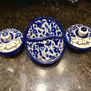 Palestinian Pottery Breakfast Set Blue Jibneh & Labaneh Bowls and Oval Bowl Ceramic Handmade and Hand Painted Made in Palestine