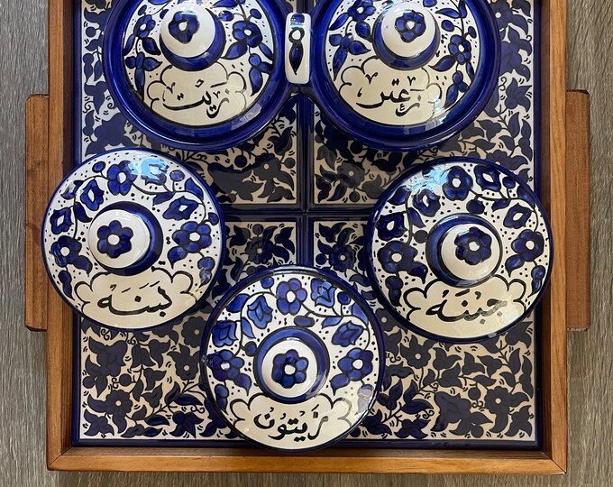 Tray with Wood Handle | Rectangular & Square – Hand-Painted Palestinian Ceramic | Multicolor & Navy