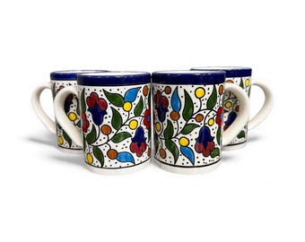 Mugs set of 4 Coffee Mugs 12 oz Ceramic Handmade & Hand Painted خزف فلسطيني made in Palestine Palestinian Potery