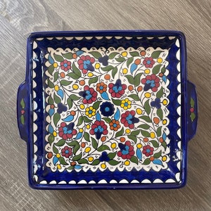 Serving Platter Squared With Handles Ceramic Handmade & Hand Painted Made in Palestine خزف فلسطيني