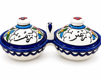 Palestine Handmade & Painted Ceramic Art Zeit and Zatar basket Made in Palestine خزف صناعة فلسطينية (Comes with a mystery gift)