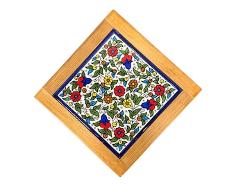 Posavasos de cerámica hecho a mano // Marco de madera // Pintado a mano // Hecho en Palestina Decoración de cocina Decoración para servir خزف فلسطيني
