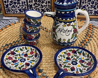 Palestine Pottery set of 4 Coffee Arabian Style Cups with Eid Pot and 2 Pan Plates 14 cm Handmade and Hand Painted Made in Palestine فلسطين