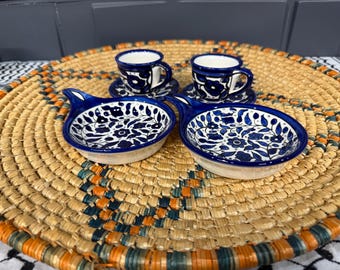 Palestine Pottery Coffee Cups set of 2 Ceramic Handmade in Palestine and 2 skillet serving plates - Palestinian Pottery - خزف فلسطيني