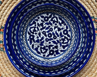 Palestine Pottery Set of Serving bowls 34, 29, 23 cm Handmade Ceramic Blue made in Palestine - Palestinian Pottery طقم ٣ طاسات حجم كبير