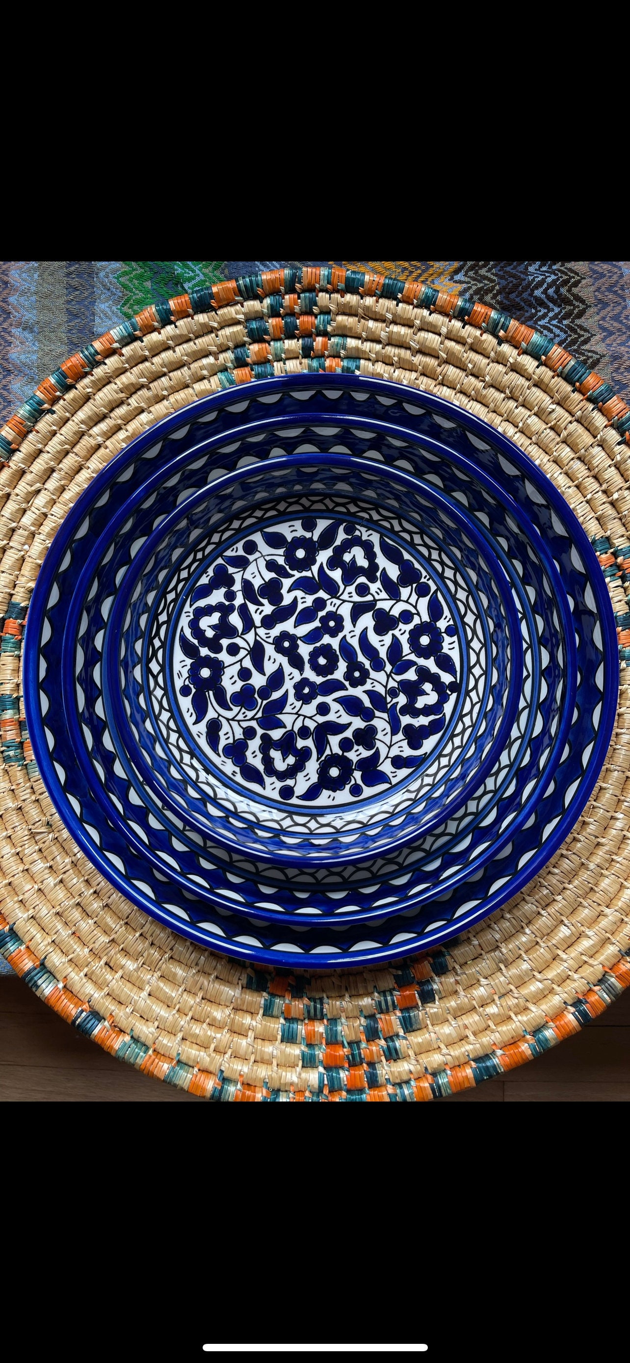 Palestine Pottery Set of Serving bowls 34, 29, 23 cm Handmade Ceramic Blue made in Palestine - Palestinian Pottery طقم ٣ طاسات حجم كبير