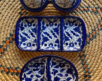 Palestinian Pottery Mixed Set Zeit & Zatar, Long Divided Plate, and Oval divided Plate Handmade in Palestine