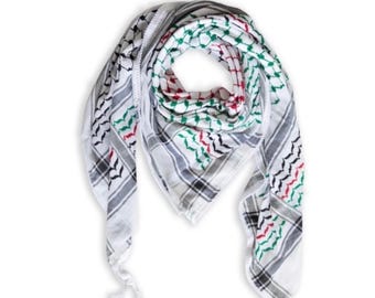 Keffiyeh (Palestinian Seller) Scarf Palestinian Flag Pattern Thick fringes and long Tassels Original Traditional Kuffiyeh made in Palestine
